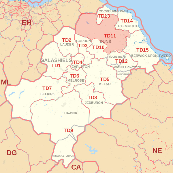 Map showing the TD11 Postcode area Cpvered By Kelso skip Hire