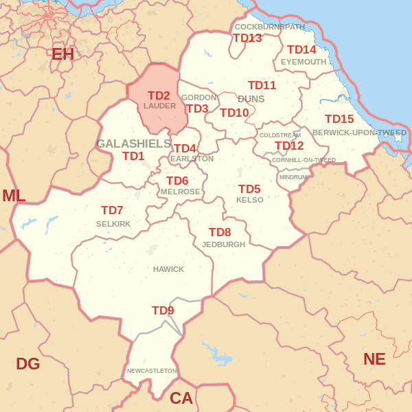 Map showing the TD2 Postcode area Covered By Selkirk skip Hire