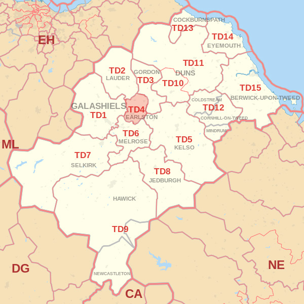 Map showing the TD4 Postcode area Cpvered By Kelso skip Hire